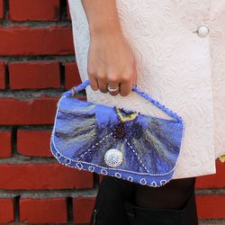 Felt clutch BLUE COLOR. Hand Made embroidered envelope wallet, design Felted women bag, handbag, gift for her, winter