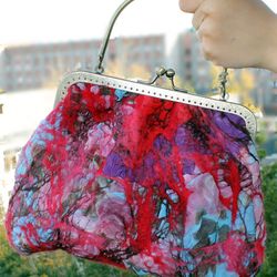 art Felt handbag SCARLET, Hand Made textile art bag wool with silk nunofelting. Felt unique design women handbag, origin