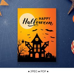 Halloween card printable with haunted house