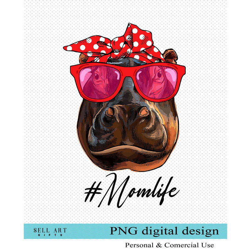 Momlife PNG cute hippopotamus bandana headband and glasses cool hippo-02.jpg