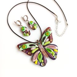 Handmade fused glass jewelry set Butterfly. Gift idea
