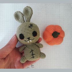 handmade zombie bunny, Halloween toy, Halloween decor, creepy bunny, bunny with pumpkin