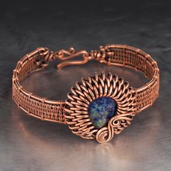 Natural azurite malachite bracelet for woman / Unique wire wrapped copper jewelry / Wire Wrap Art design / Gift for her