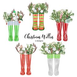 Christmas watercolor wellies clipart. Xmas wellington rain boots picture gifts