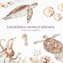 underwater world. watercolor clipart. brown sea turtle, seahorse, squid, algae, corals, shells, octopus. png. digital