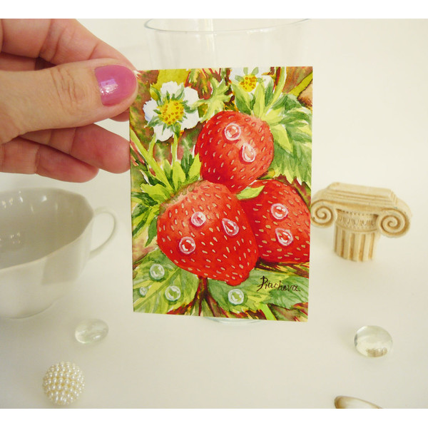 Strawberries in the garden with drops of dew ACEO, Watercolor 03.JPG