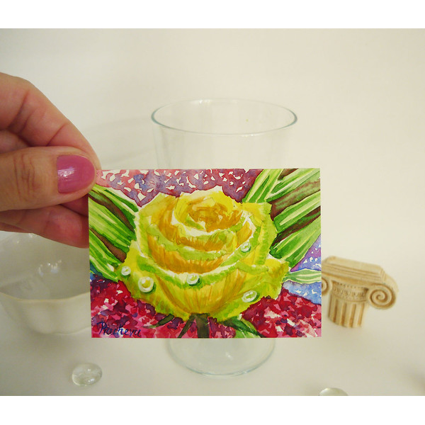 Yellow Rose Flower with Drops of Dew, ACEO, Watercolor 03.JPG