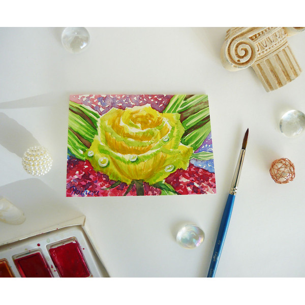 Yellow Rose Flower with Drops of Dew, ACEO, Watercolor 04.JPG