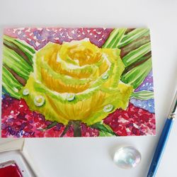 ACEO Miniature Yellow Rose Flower with Drops of Dew, Watercolor Original, Flower, floral gift