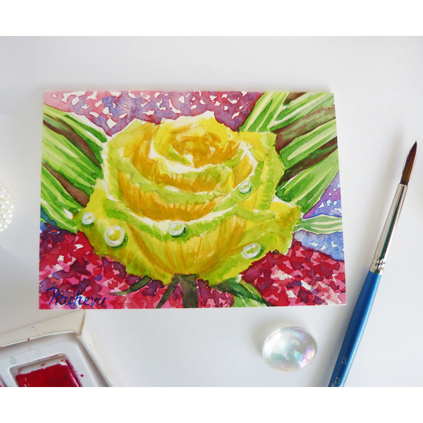 Yellow Rose Flower with Drops of Dew, ACEO, Watercolor 05_1.jpg