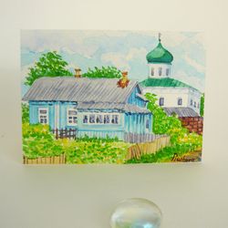 Miniature Russian Village Landscape with House and Church, watercolor painting, ACEO original