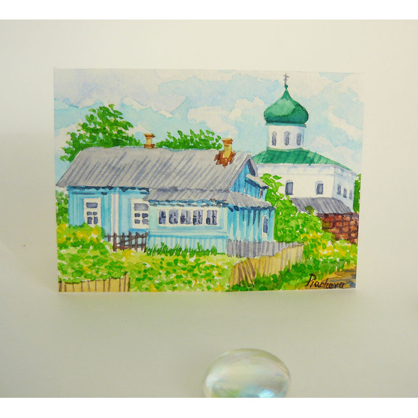 Russian Village Landscape with House and Church, ACEO, Watercolor 01.JPG