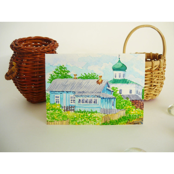Russian Village Landscape with House and Church, ACEO, Watercolor 04.JPG
