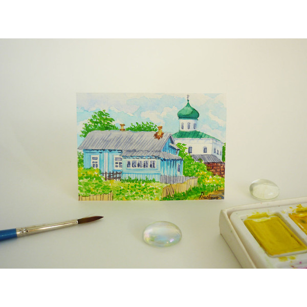 Russian Village Landscape with House and Church, ACEO, Watercolor 06.JPG