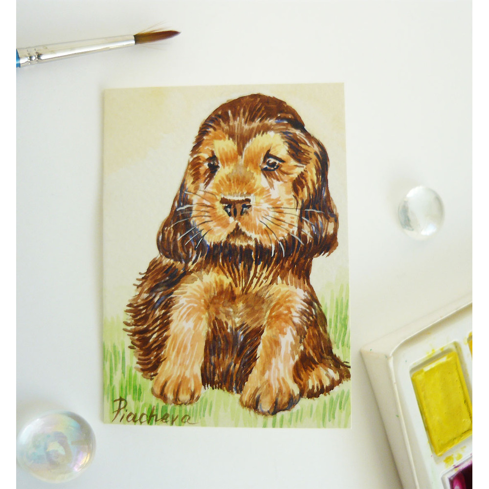 Funny Puppy with Long Ears Dog, ACEO, Watercolor, animal 06_1.jpg