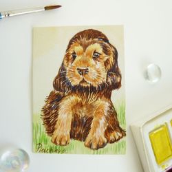 Miniature Funny Puppy with Long Ears Dog, animal doggy, ACEO, Watercolor original