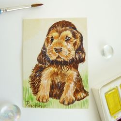 miniature funny puppy with long ears dog, animal doggy, aceo, watercolor original