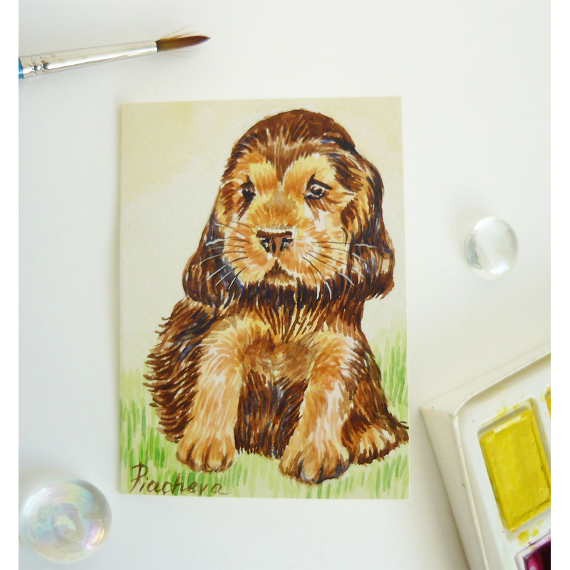 Funny Puppy with Long Ears Dog, ACEO, Watercolor, animal 06_1.jpg