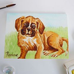 Miniature Funny Red Puppy  Dog, animal doggy, ACEO, Watercolor original