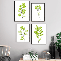 Botanical Print Set, Living Room Wall Art, Leaf Prints, Set of 4 Botanical Print Set, Watercolor Print