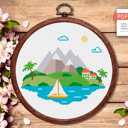 Mountain Landscape Cross Stitch Pattern, Island Cross Stitch, Embroidery Travel, Travel Cross Stitch Pattern