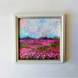 Landscape Painting Meadow Impasto Painting Pink Flowers Field Original Artwork Wall Decor Floral painting art canvas