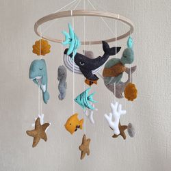 Ocean baby mobile with whale, nautical nursery decor, sealife crib mobile, baby shower gift, pregnancy gift, cot mobile