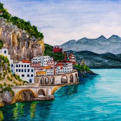 Amalfi Coast original watercolor painting Italy landscape artwork european cityscape wall art
