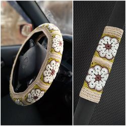 Cute Steering Wheel Cover for Women Beige Boho Style Steer Wheel Cover with white Flowers Girly Car