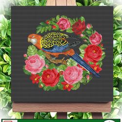Cross stitch pattern Parrot and roses   - Vintage Cross Stitch Scheme Red parrot