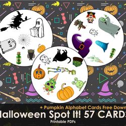 spot it 57 cards! halloween kids games, matching game, family games printable, free download
