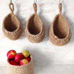 Set of hanging jute baskets storage in the kitchen and bathroom, Crocheted wall baskets, Boho decor rustic country house