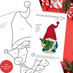 Stained Glass Pattern Gnome with Christmas Tree Suncatcher - Digital Download PDF