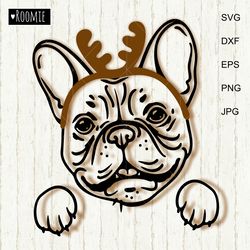 christmas french bulldog deer antlers svg, frenchie santa svg file, dog face