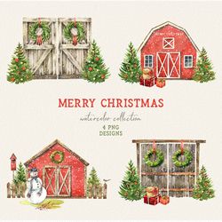Watercolor Farmhouse Christmas sublimation, Wooden Barn door clipart