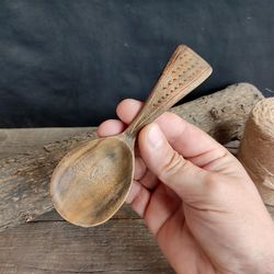Handmade wooden coffee scoop from natural willow wood with decorated handle tinted with charcoal