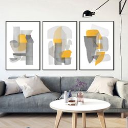 Geometric Painting Three Prints Abstract Poster Yellow Grey Wall Art Set of 3 Abstract Art Interior Decor Triptych Print