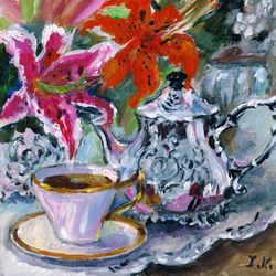 still life with a metal coffee pot a cup of coffee and lilies. original acrylic painting 8x8''