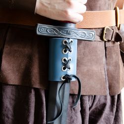 Blue sword hanger. Axe belt holster. Leather belt loop for hammer. Larp sword frog. Weapon holder.