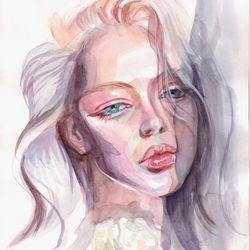 Tender Woman"s Portrait Original Woman Art Wall Art Pastel Watercolor Painting Flower WaterclorPainting