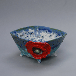Ceramic berry bowl Poppy decor Blue vase with holes Candy bowl Fruit bowl Decorative vase with flower Red poppy