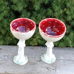 Ceramic cups Mushrooms figurines Porcelain wine glasses Amanita Ceramic gobletset Decorative Wine chalice set art object