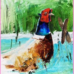 Bird Oil Painting Pheasant Original Art Animal Painting Original Artwork For Walls Textured Painting Impasto 12*12 inch