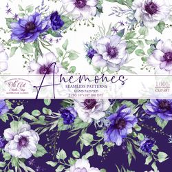 Seamless Patterns. Anemone Flowers. Hand Drawn graphics. Digital Download. OliArtStudioShop