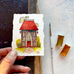 Chinese house painting Original art  Mini watercolor Tiny artwork by Rubinova