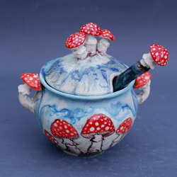 Ceramic Sugar Bowl and Spoon Mushrooms figurine Alice in wonderland style Storage bulk products,food storage Gift mom