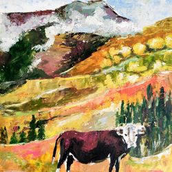 Cow Painting Original Art Colorado Landscape Mountain Artwork Meadow Painting Cow Artwork Small Oil Painting 11.5 x 8.5