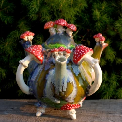 Fancy handmade teapot . Mushrooms Three Spout Art Teapot ,Amanita Alice Wonderland, Ceramic sculpture Mad tea party