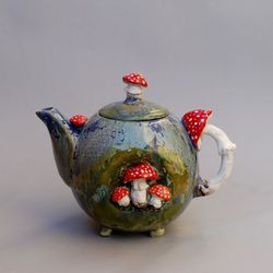 Fly agaric Art teapot Handmade Beautiful ceramic teapot Mushrooms figurine Bright Handpainted Fairy teapot Collectible Wonderland style .Designer handmade crockery. Exclusive teapot. Gift for mom, kitchen decor, fabulous tea party .Natural style