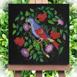 Embroidery scheme Bird and bindweed / Vintage Cross Stitch Scheme Flower Basket